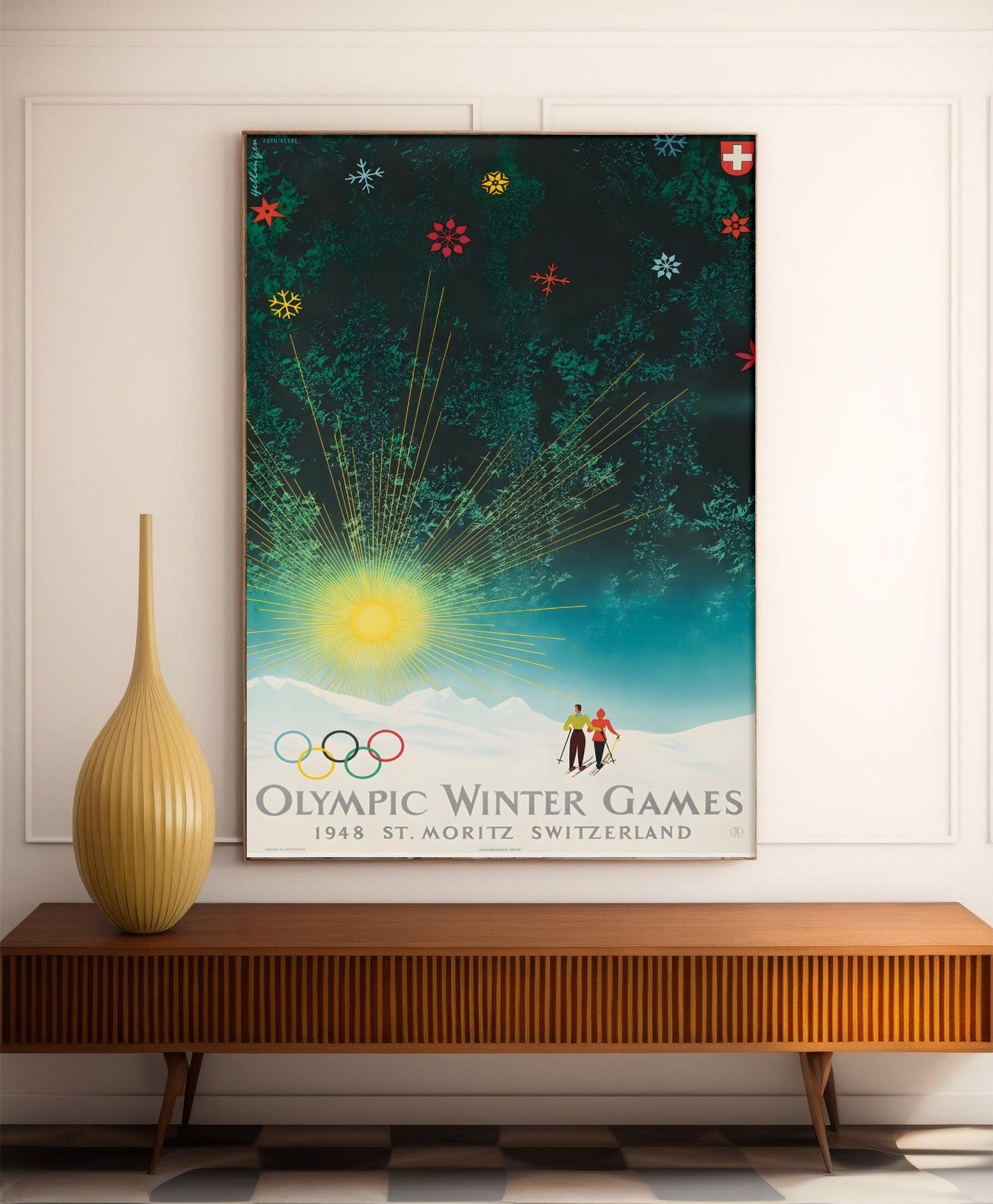 Affiche ski vintage "Jeux Olympiques d'Hiver 1948 - St Moritz" - Haute Définition - papier mat 230gr/m²