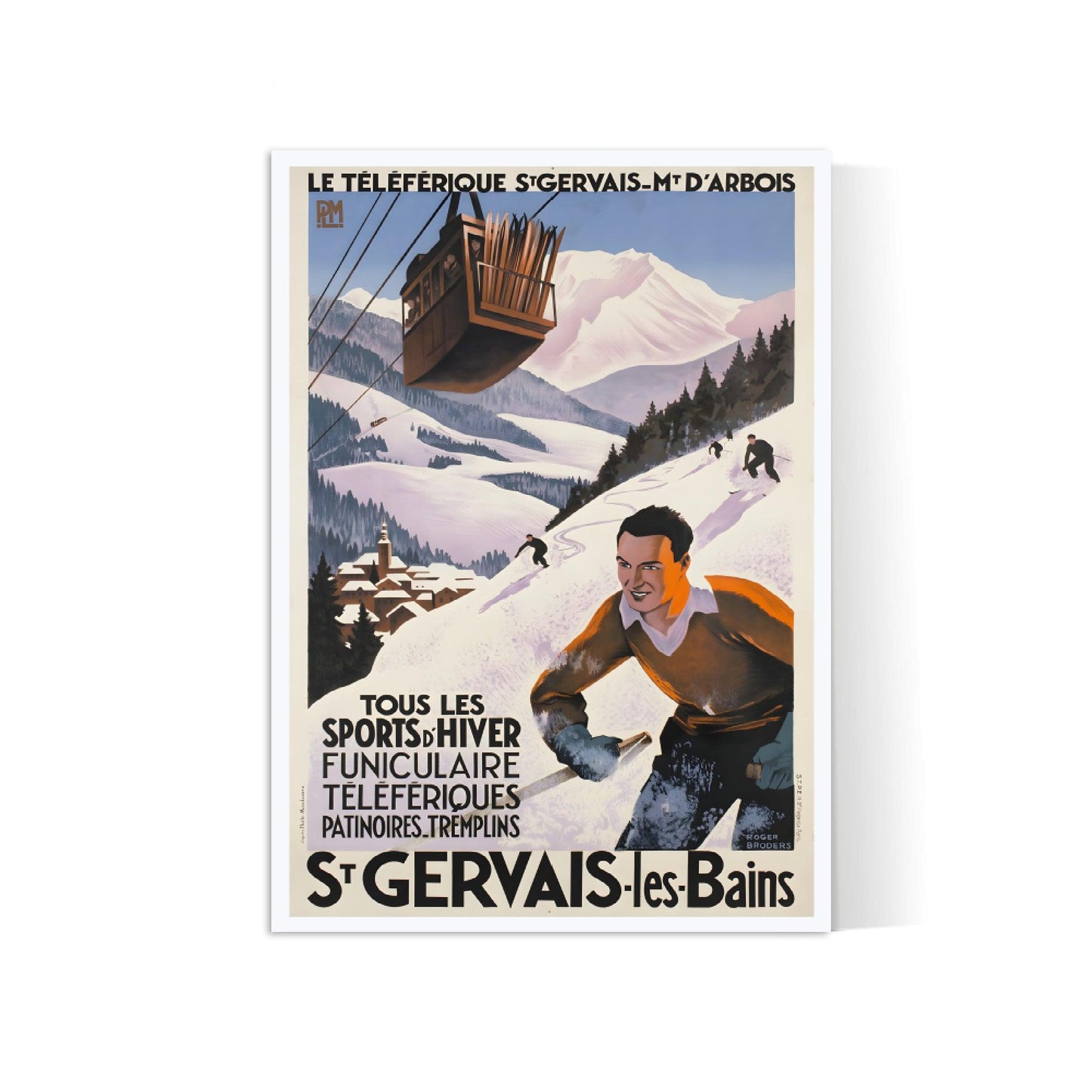 Affiche ski vintage "Téléférique - St Gervais les Bains - Broders - Haute Définition - papier mat 230gr/m²