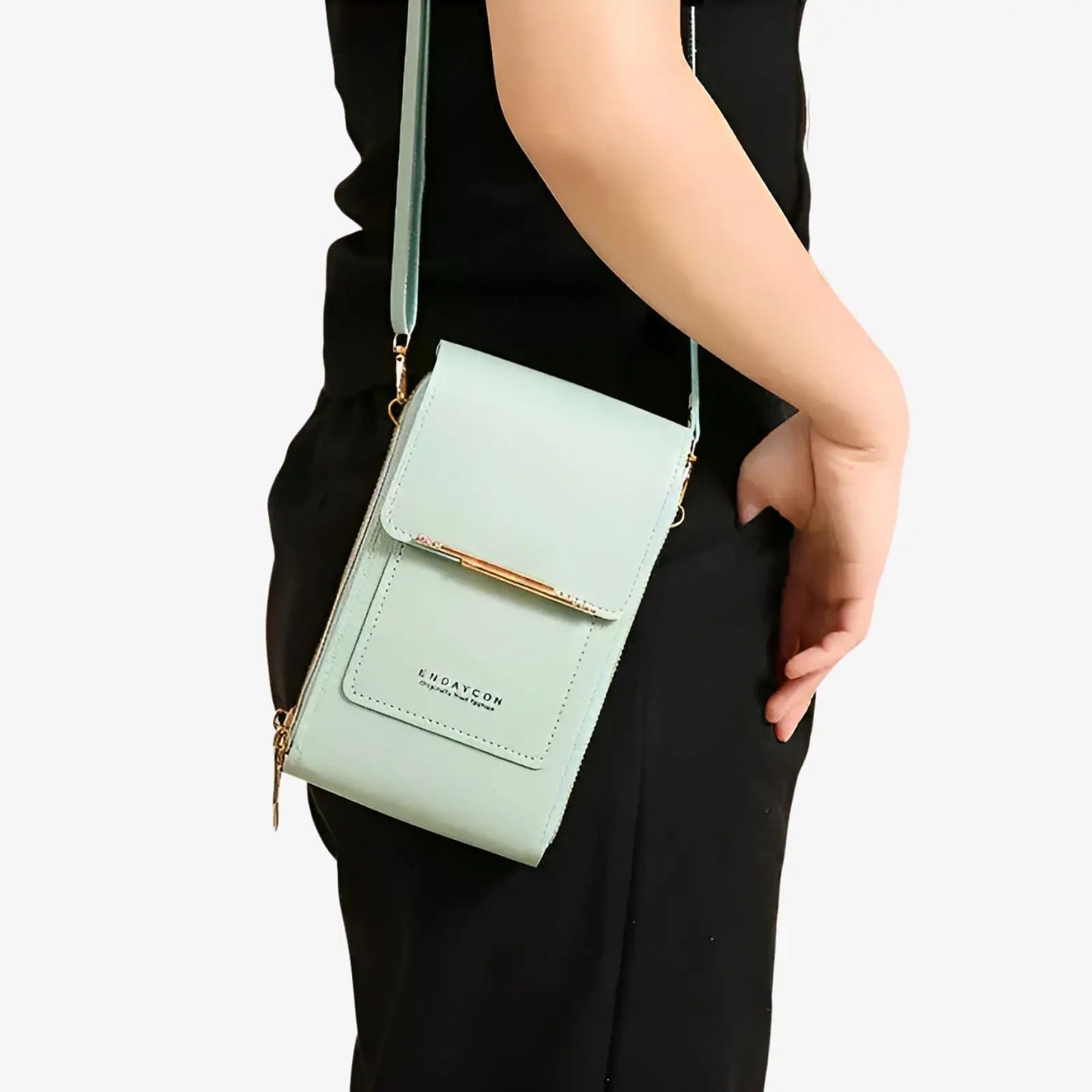 Sac bandoulière de téléphone avec écran tactile en cuir vert d'eau