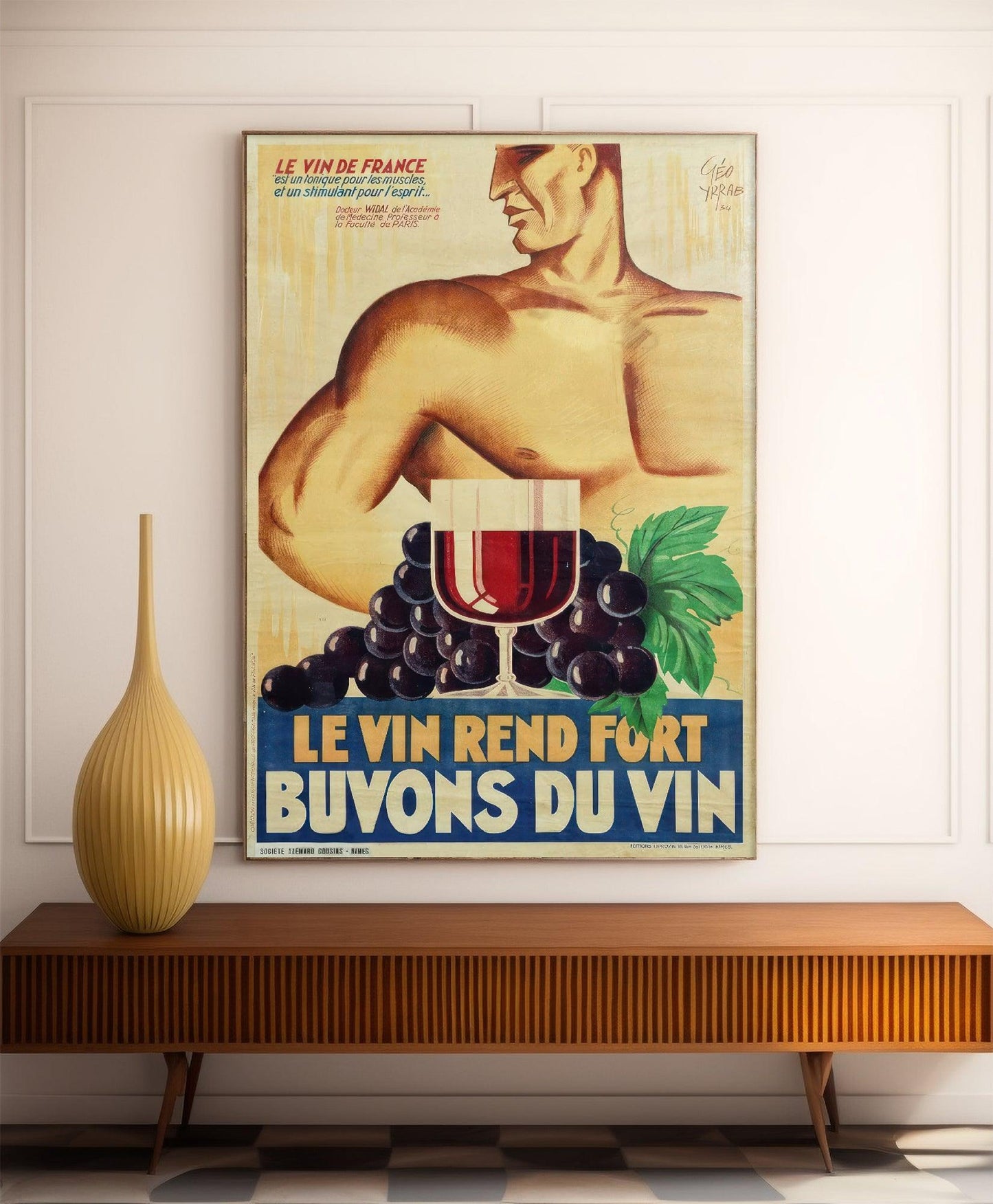 Affiche alcool vintage "Le vin rend fort, buvons du vin" - Géo Yrrab- Haute Définition