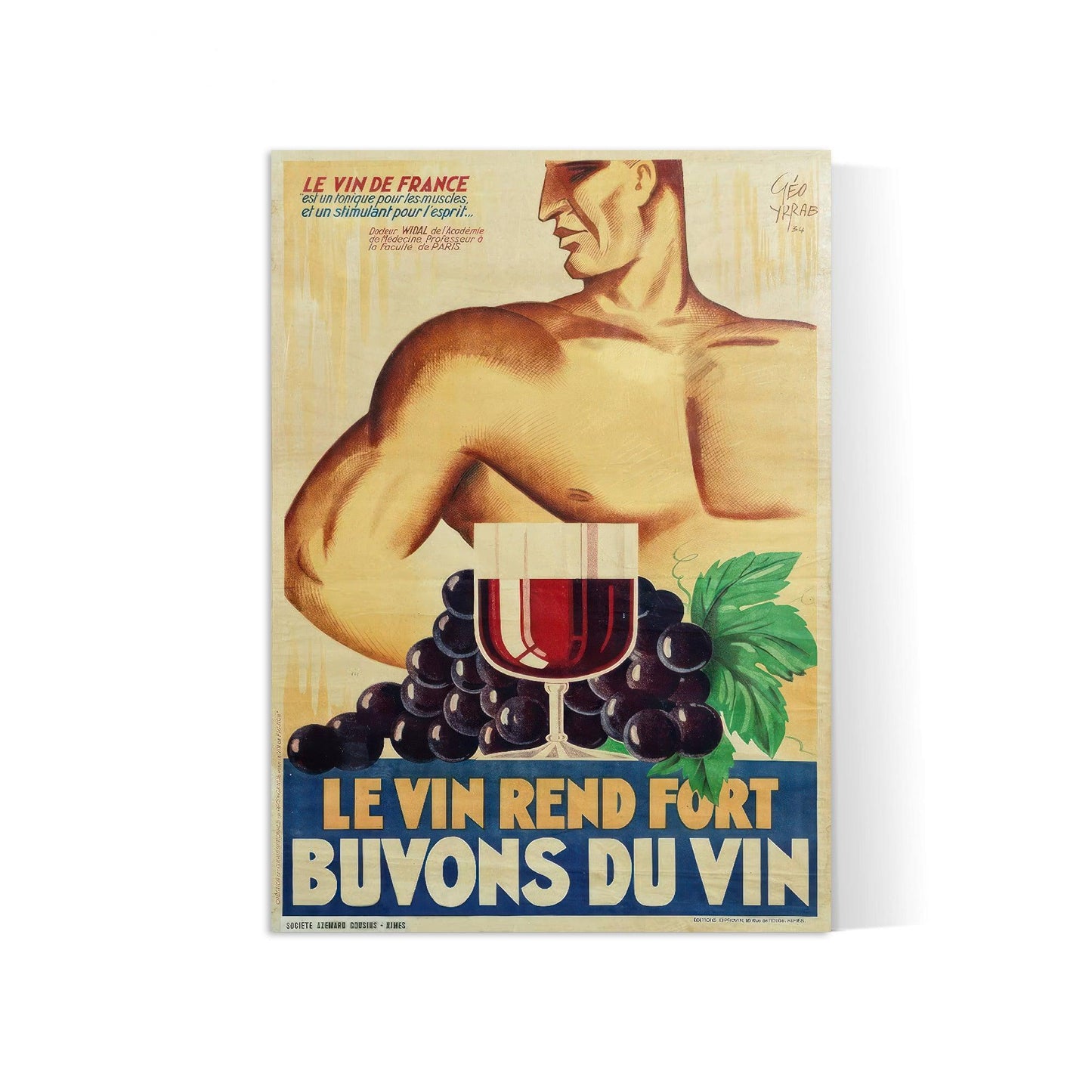 Affiche alcool vintage "Le vin rend fort, buvons du vin" - Géo Yrrab- Haute Définition