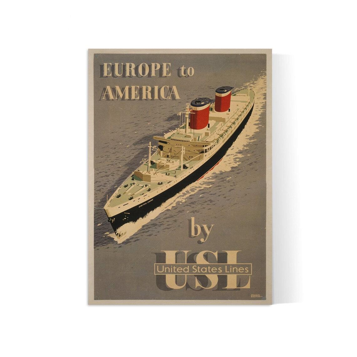 Affiche bateau vintage "Europe to America by USL" - Haute Définition - papier mat 230gr/m²