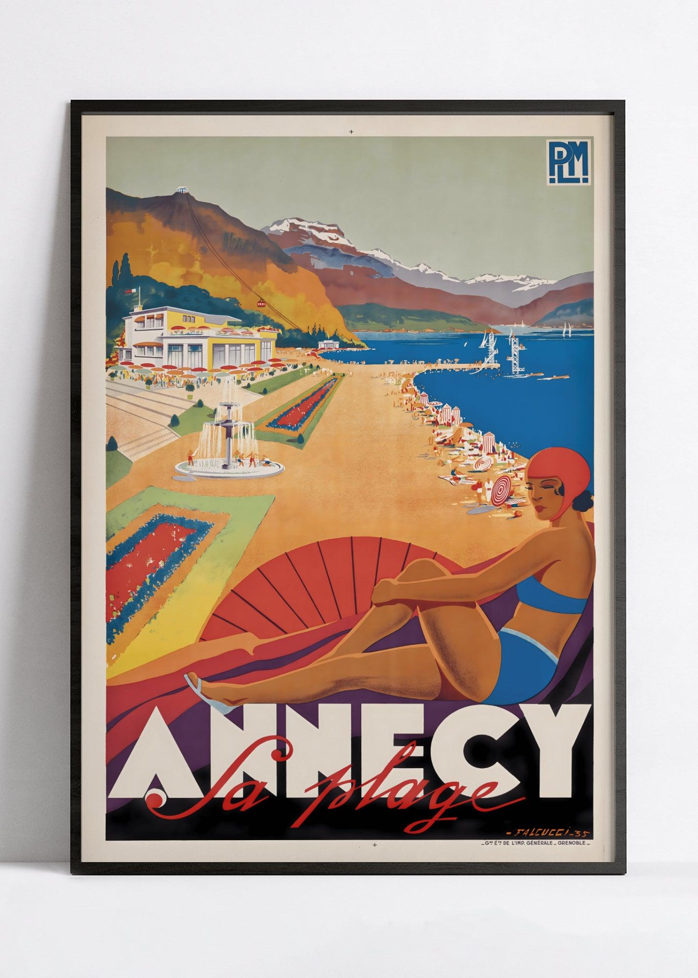 Affiche ville vintage "Annecy Plage" - Robert Falcucci - Haute Définition - papier mat 230gr/m²