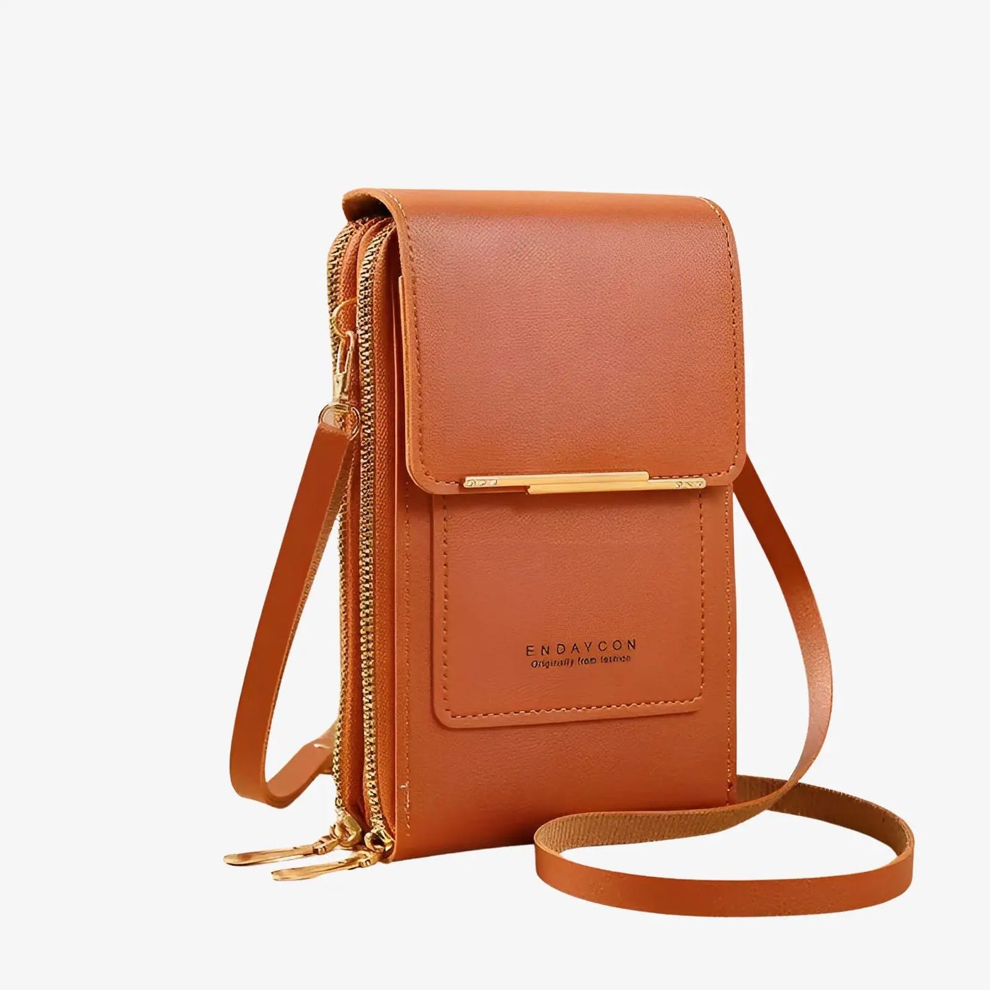 Sac bandoulière de téléphone avec écran tactile en cuir marron
