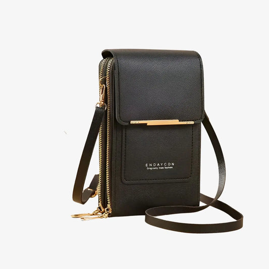 Sac bandoulière de téléphone avec écran tactile en cuir noir