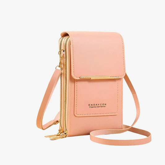 Sac bandoulière de téléphone avec écran tactile en cuir rose