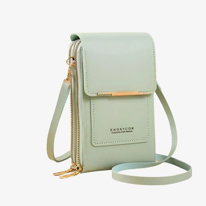 Sac bandoulière de téléphone avec écran tactile en cuir vert d'eau