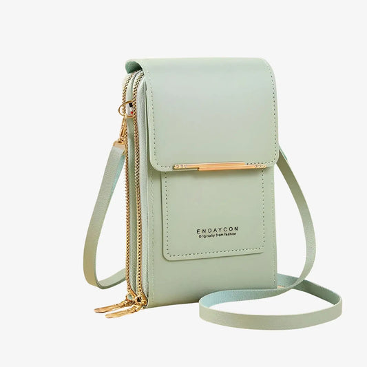 Sac bandoulière de téléphone avec écran tactile en cuir vert d'eau