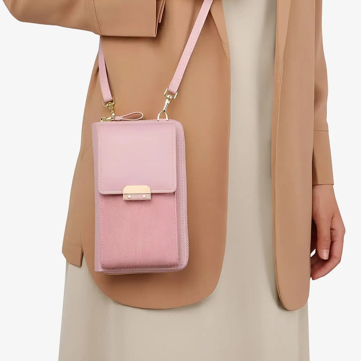 Sac étui de téléphone bandoulière en cuir rose