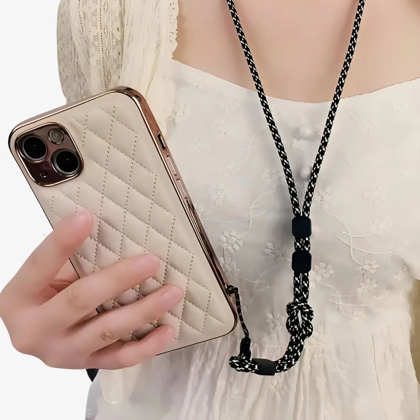 Tour de cou de téléphone réglable noir et blanc